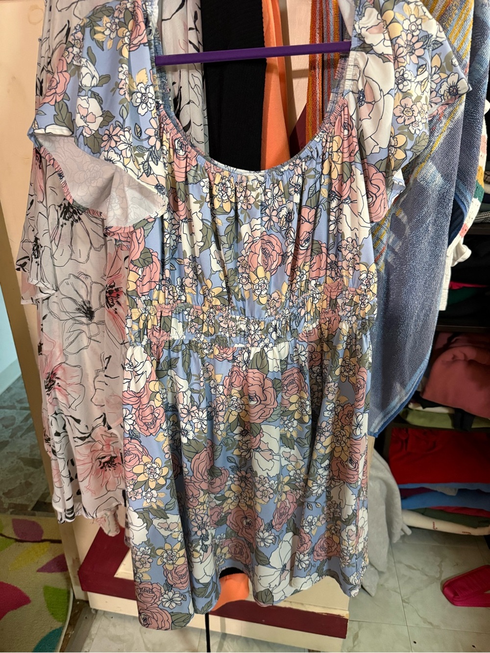 ARULA Pastel Floral Scoop-Neck Dress in Light Blue and Pink